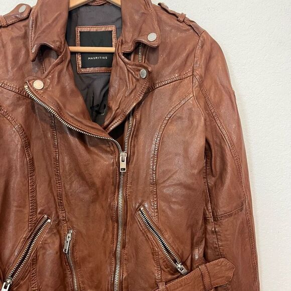 Mauritius Cognac Brown Leather Fayola RF Full Zip Moto Jacket Women's Size 6 - Picture 3 of 9